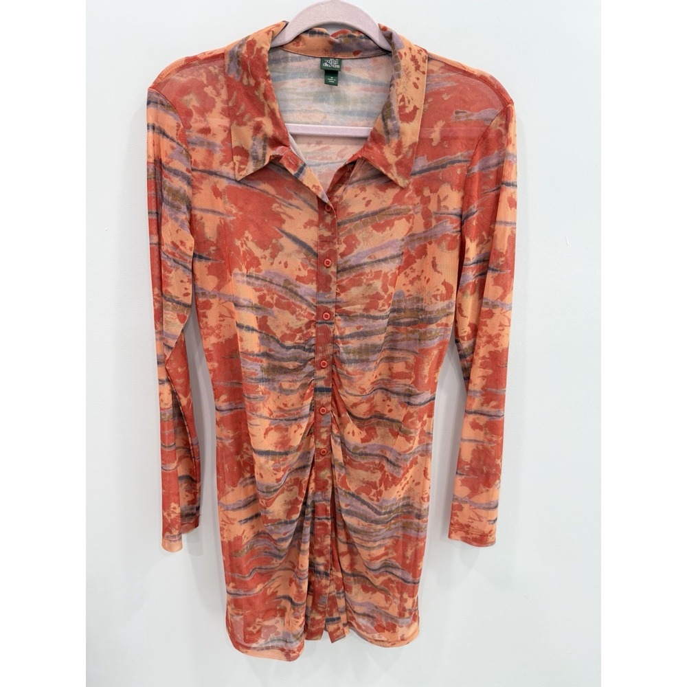 Wild Fable Orange Tie Dye Mesh Mini Dress Ruched Sheer Collared Medium Top